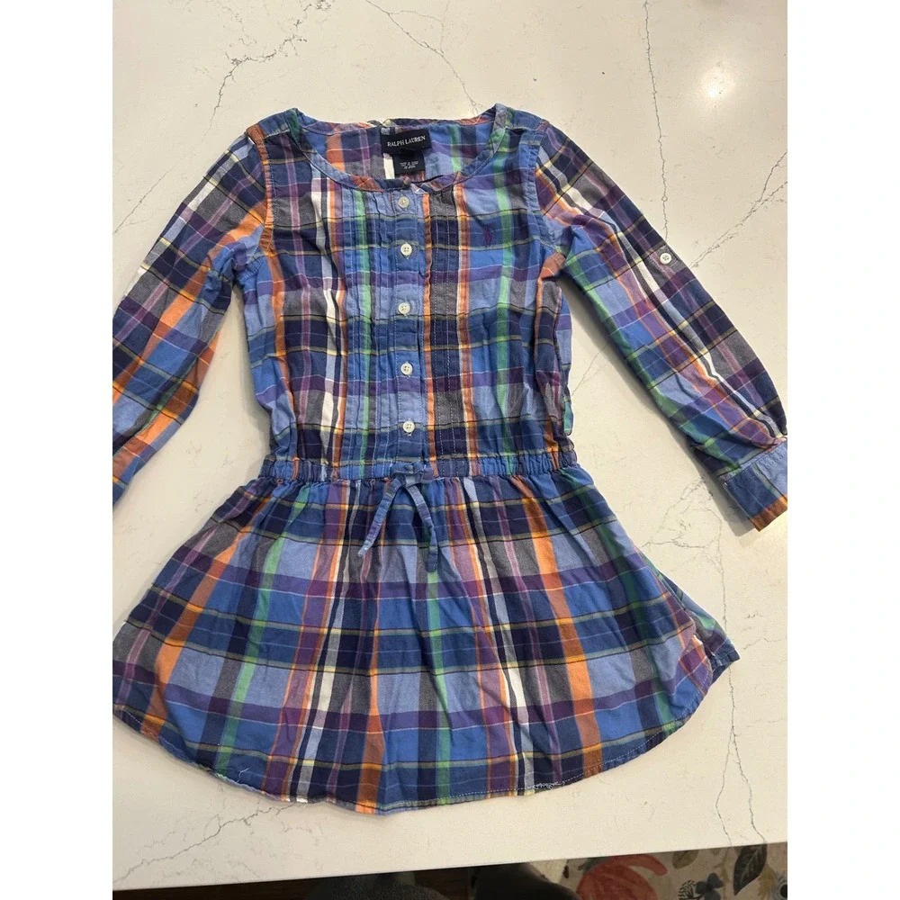 Ralph Lauren Kids Plaid‎ Button Front Dress Blue Orange Green Purple 4t k7142